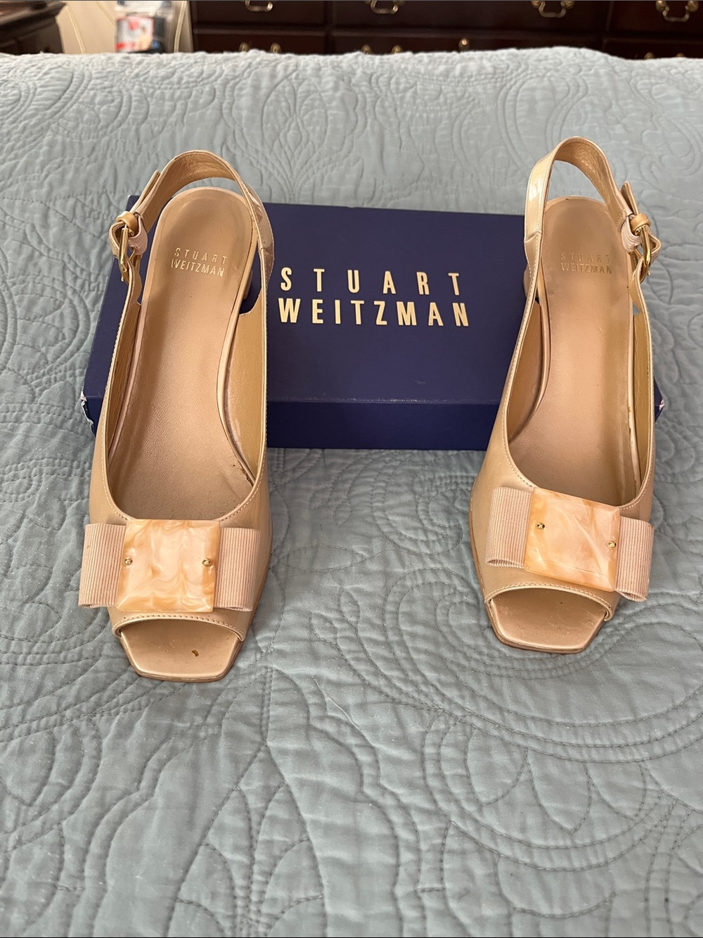 Stuart Weitzman Beige Patent Leather Peep-Toe Slingbacks with Bow Accent